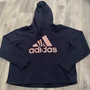 Adidas Hoodie Womens Plus Sz 1X Navy Blue Cropped Logo Graphic Fleece Pullover